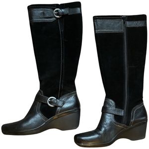 Excellent condition Clarks Leather and Suede Wedge Tall Winter Boots- BLACK -7.5
